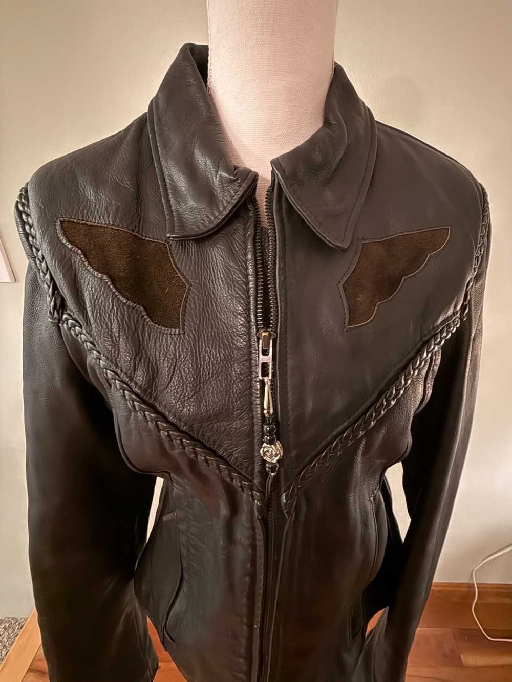 Women's Brown Leather Zip-Front Jacket with Braided Trim